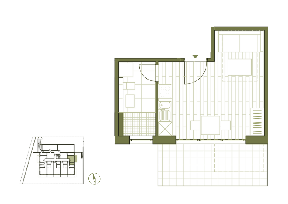 Grundriss WE1 - 1-Zimmerwohnung