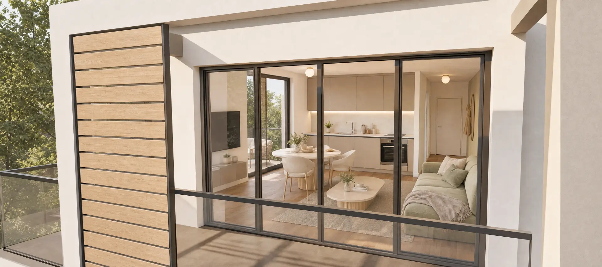 Wohnbeispiel T-13 I GREEN LIVING: Balkon mit Blick in Wohn- und Essbereich
